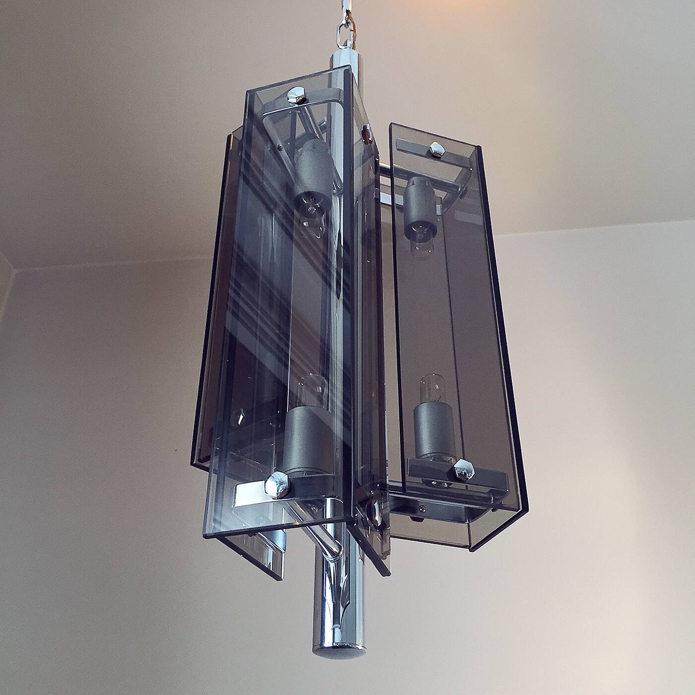Vintage chrome and smoked glass pendant light 1970