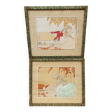 Pair of old frames watercolor drawings signed lamber lambery ? romantic