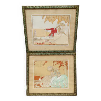 Pair of old frames watercolor drawings signed lamber lambery ? romantic