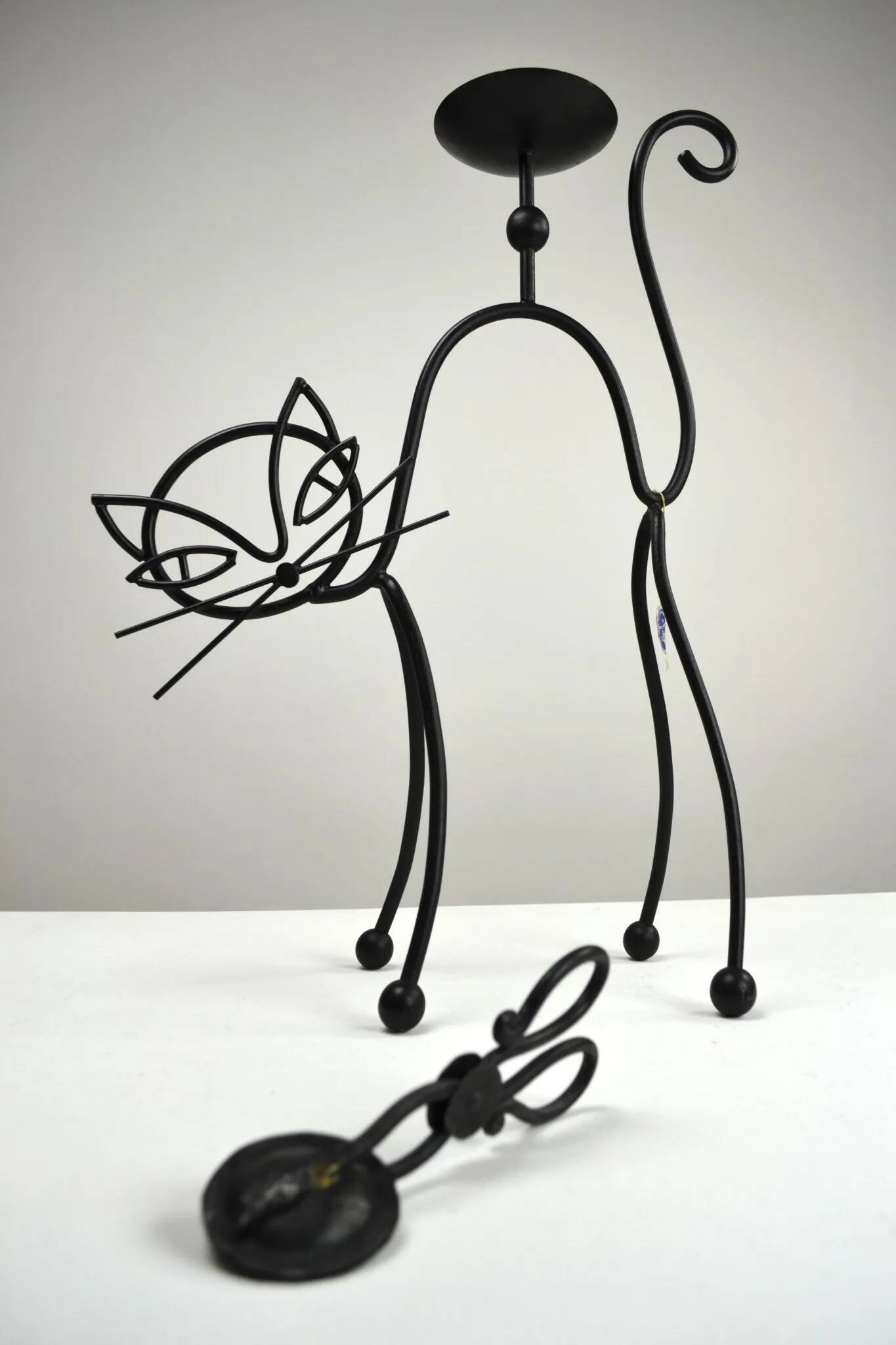 Black Painted Metal Cat Candle Holder, Snuffer & Original Label by Gunnar Ander for Ystad-Metall, Sweden, 1950s/60s
