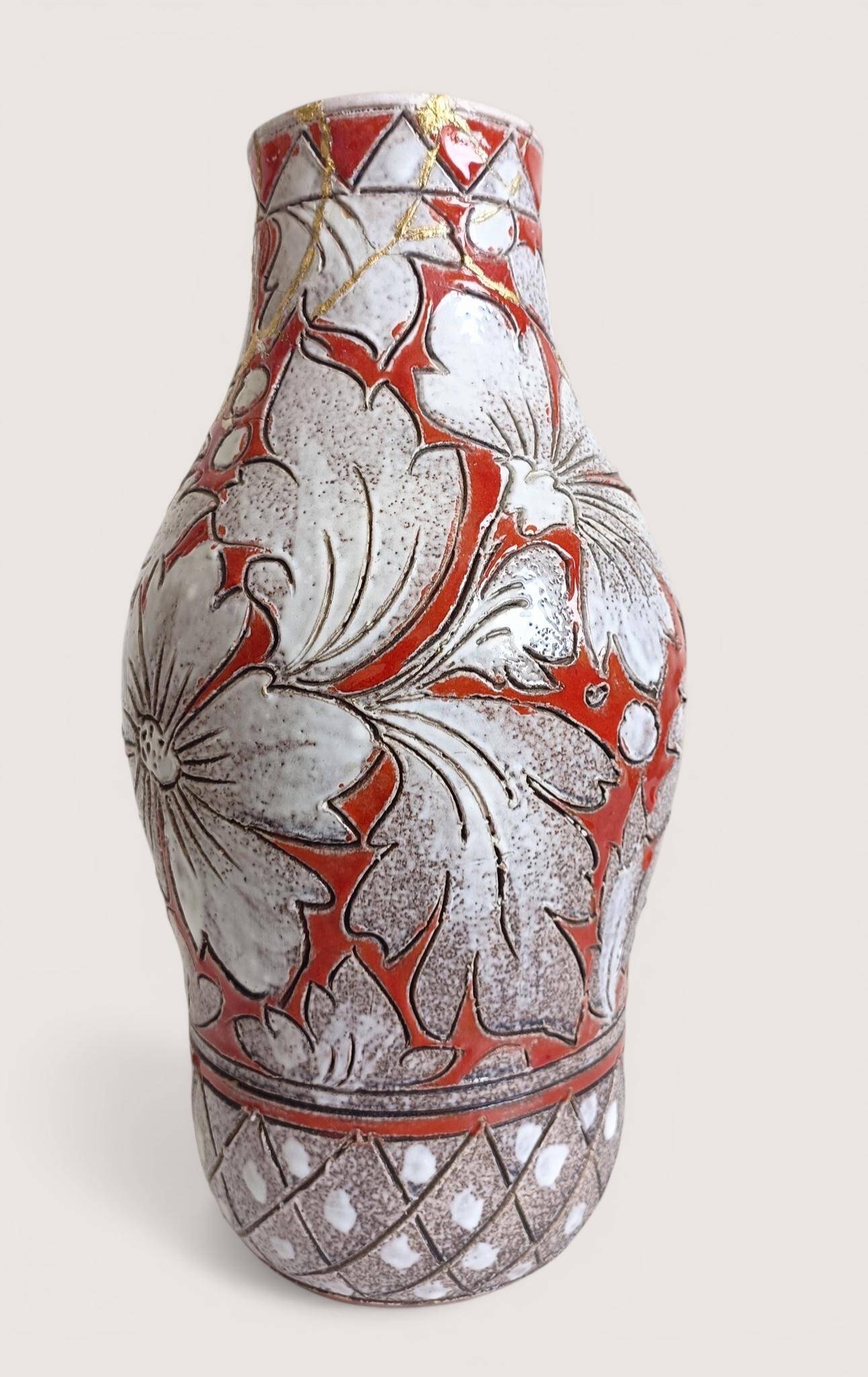 Large Fratelli Fanciullacci Sgraffito Ceramic Vase, Restored Kintsugi-Style