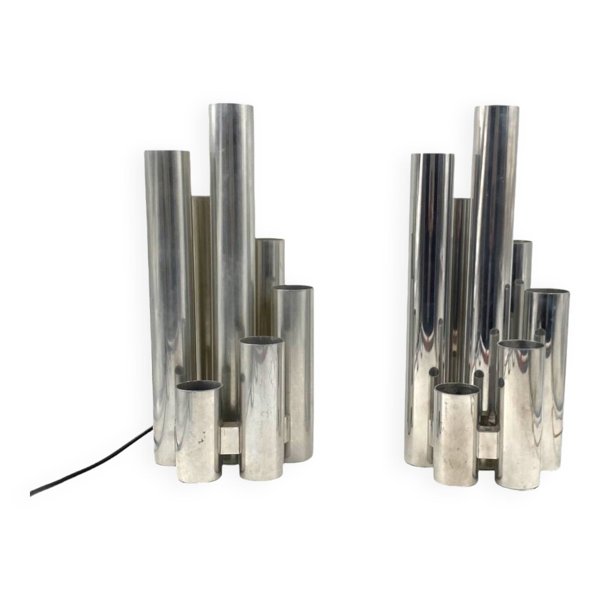 Hollywood regency set of 2 chromed table lamps, Sciolari Italy 1970s