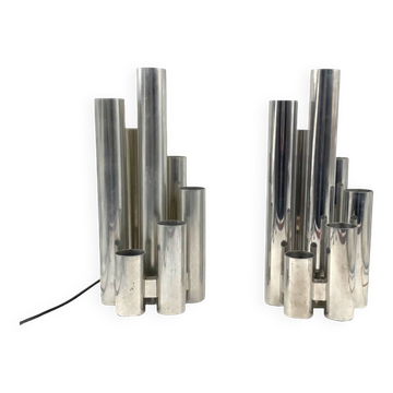 Hollywood regency set of 2 chromed table lamps, Sciolari Italy 1970s
