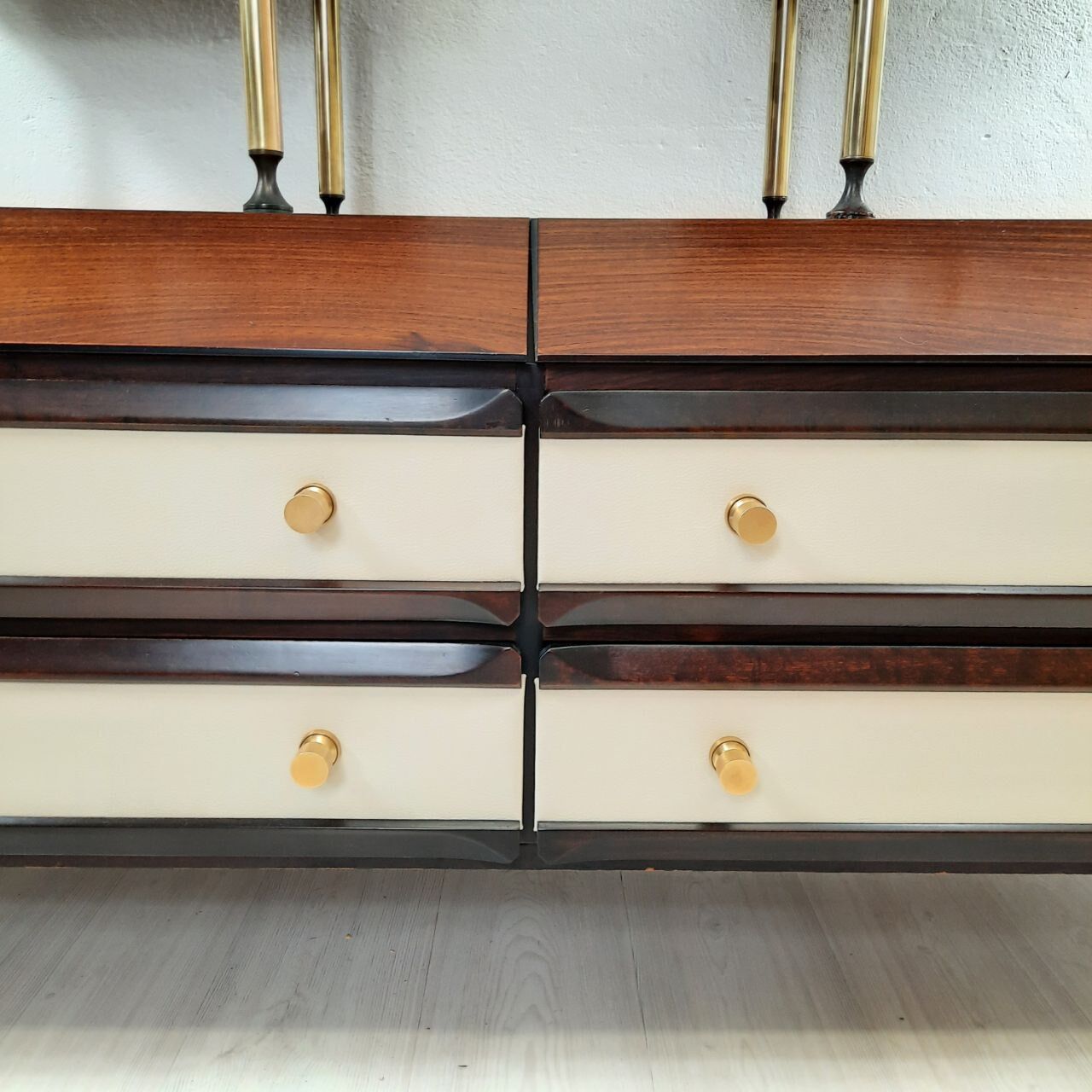 Dresser / chest of drawers and bedside tables - 1960s - faux leather brass