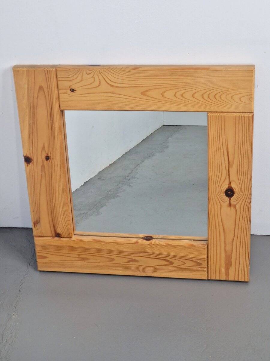 Vintage Scandinavian Square Pine Mirror, 1970s
