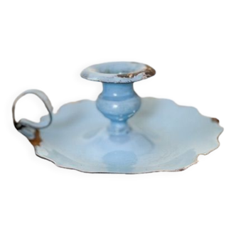 Blue enameled sheet metal candle holder