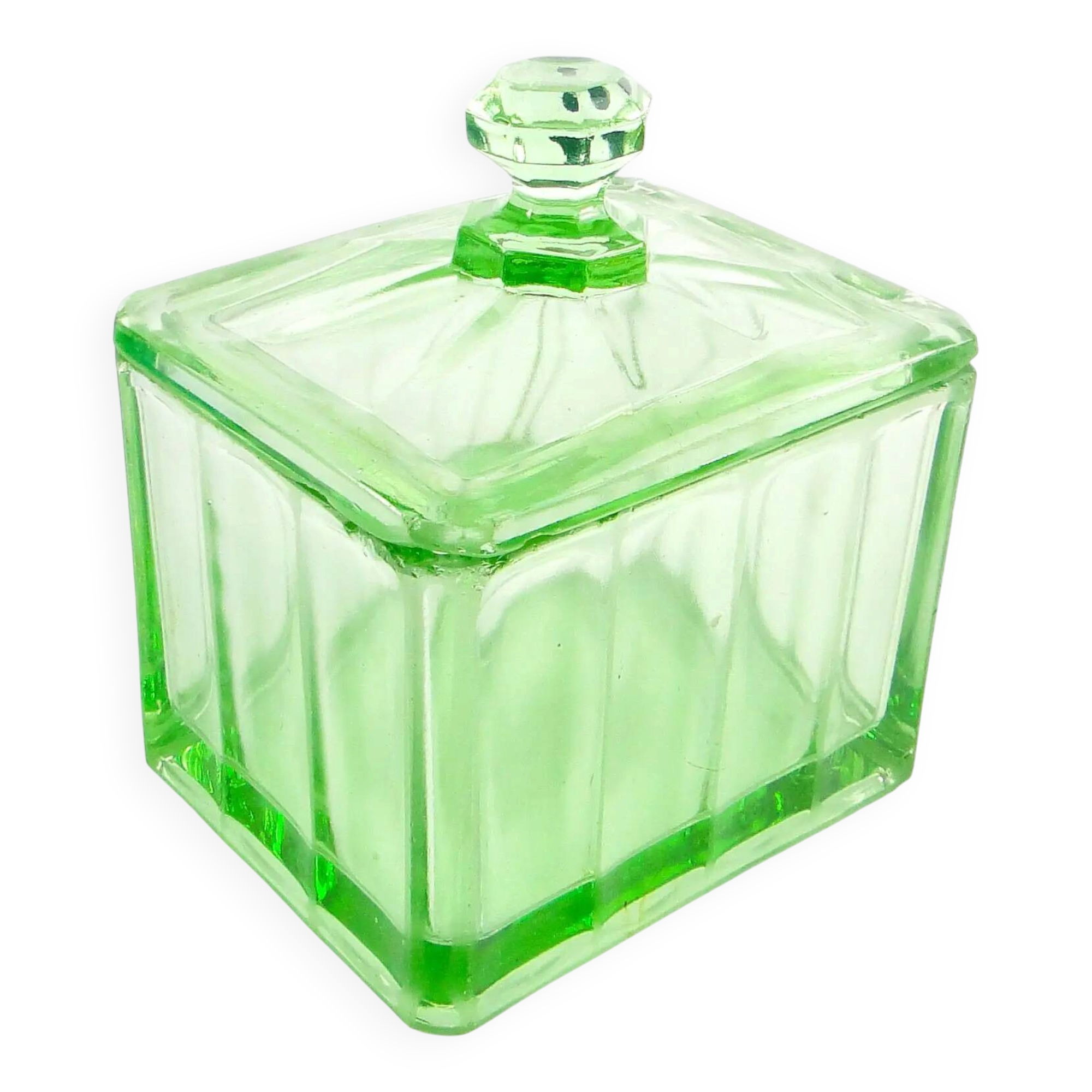 Beurrier Art Déco, verre pressé turquoise, Hortensja Glassworks, Pologne, années 1930