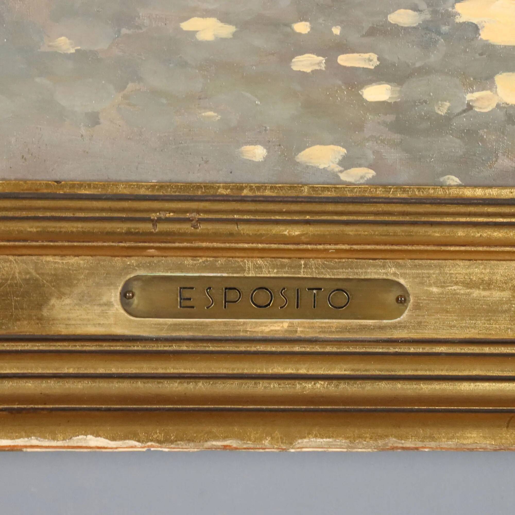 Old painting "The Porch" oil on canvas signed G. Esposito XX Century