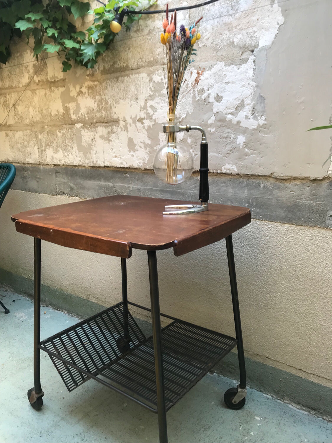 Vintage side table / serving trolley on wheels, signed Tubauto Levalloi