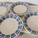 set of 4 dessert plates, blue and gray geometric pattern