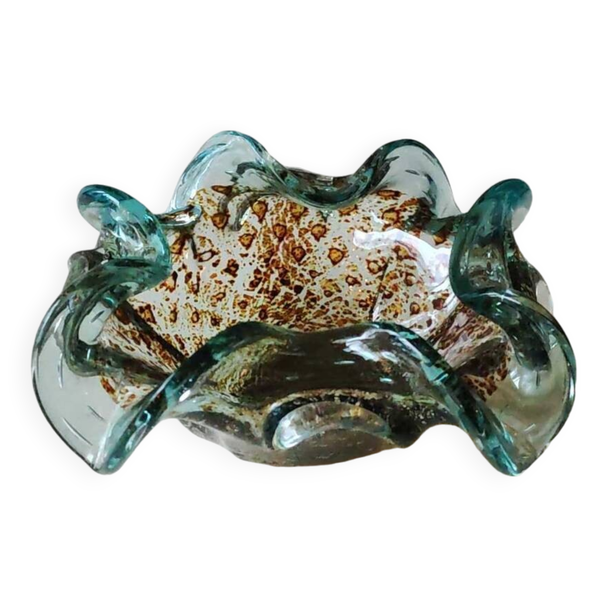 Corolla/floral pocket emptier. In Murano blown glass. Turquoise/Gold/silver inclusions