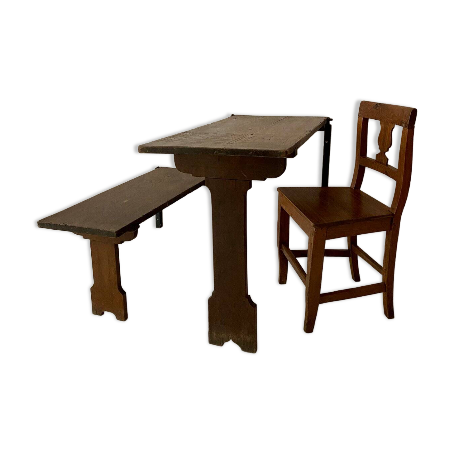 Art Deco German Wabi Sabi Brown Oak Prison Cell Table and Bench, 1930s, Set of 3