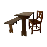 Art Deco German Wabi Sabi Brown Oak Prison Cell Table and Bench, 1930s, Set of 3