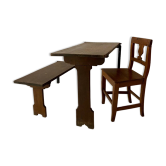 Art Deco German Wabi Sabi Brown Oak Prison Cell Table and Bench, 1930s, Set of 3