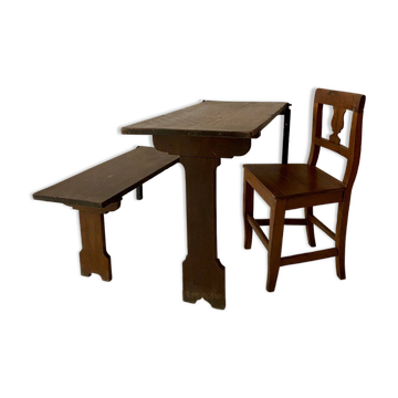 Table, chaise et banc en chêne Art Déco, années 1930