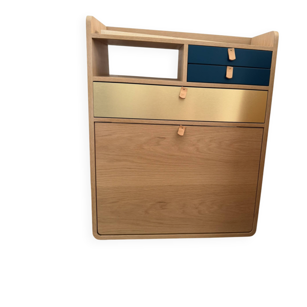 Bureau mural secretaire gaston harto chene naturel bleu petrole laiton 60cm