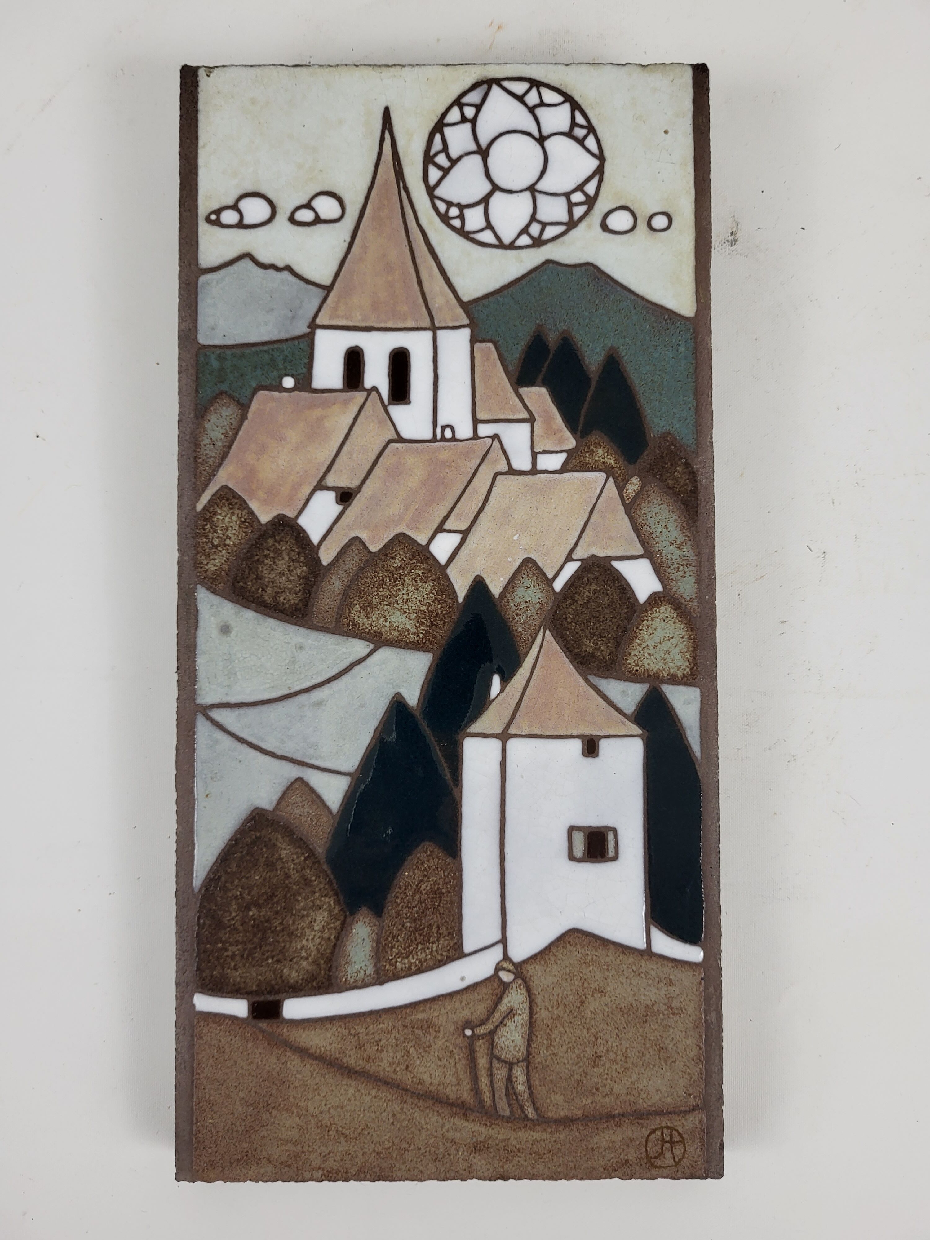 Sandstone tile (ceramic) Signed village view
