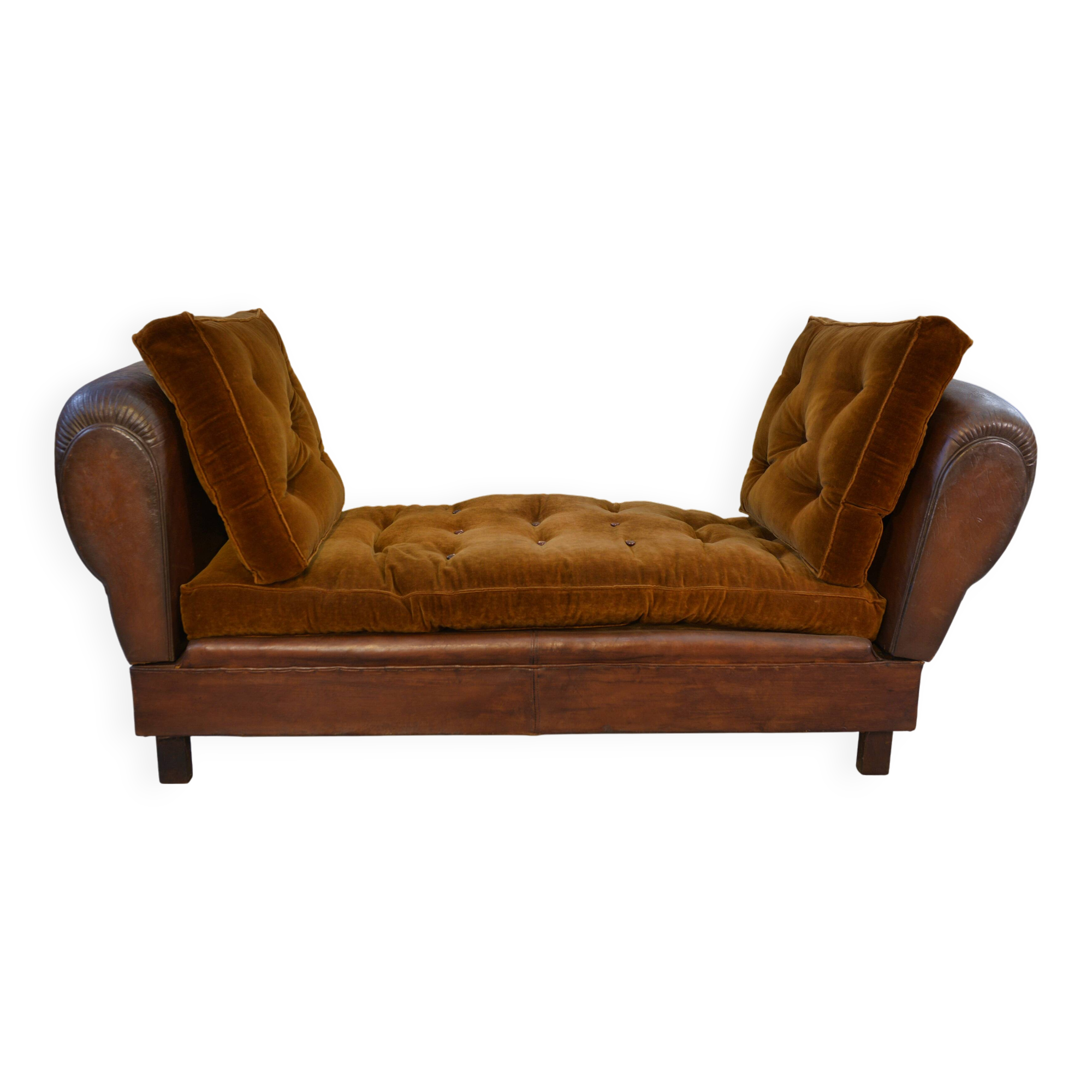 1920s convertible leather club bench with velvet seats