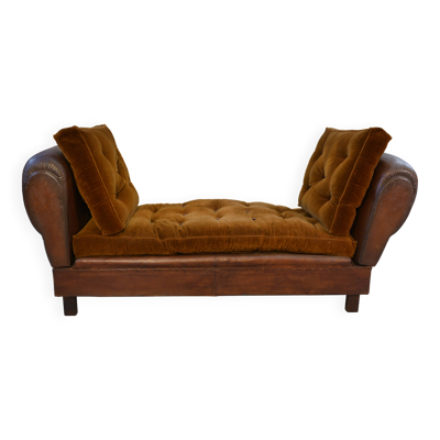 Banquette Club en cuir convertible avec assises velours 1920's