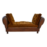 1920s convertible leather club bench with velvet seats