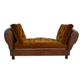 1920s convertible leather club bench with velvet seats