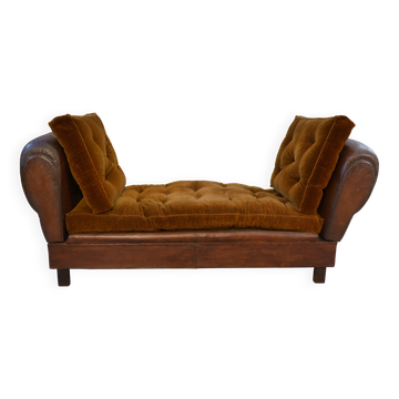 1920s convertible leather club bench with velvet seats