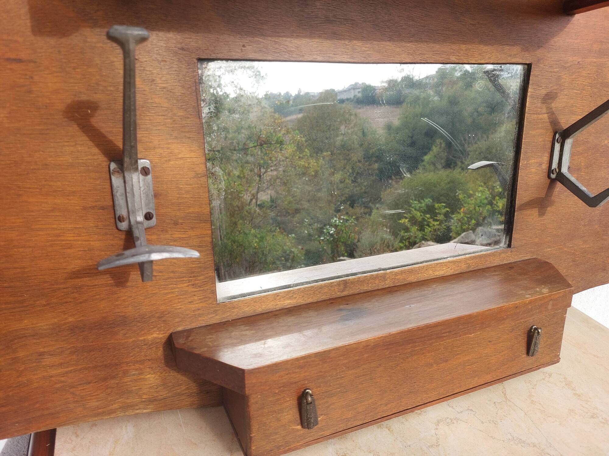 coat rack, hooks, wood and metal, vintage