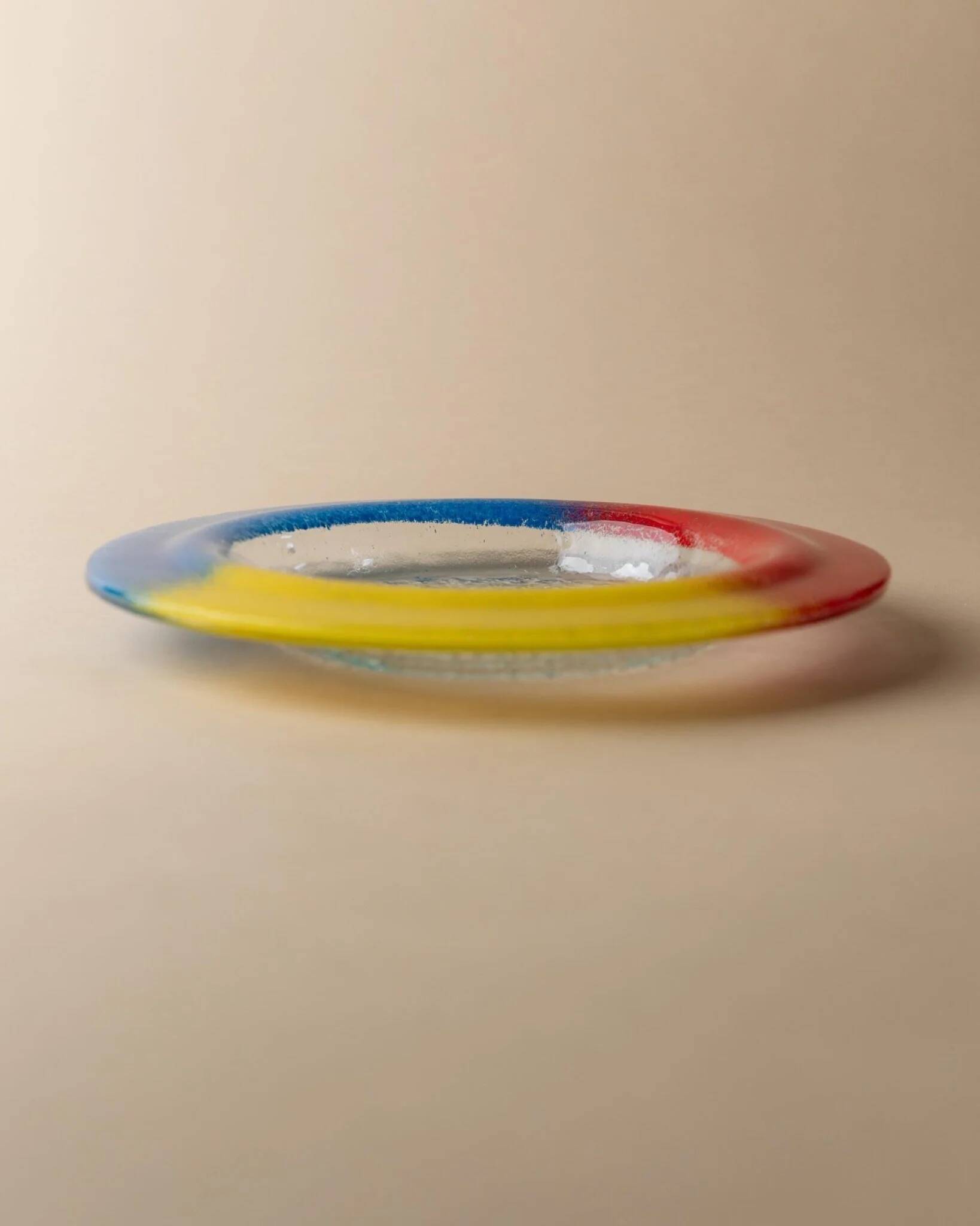 Vintage Murano glass bowl - blue, red, and yellow glass with bubbles - Italy 1980s - Pop Art design