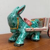 Vintage Italian hand-painted sculpture of a donkey with a cart in the shape of a bowl from Deruta, Italy.