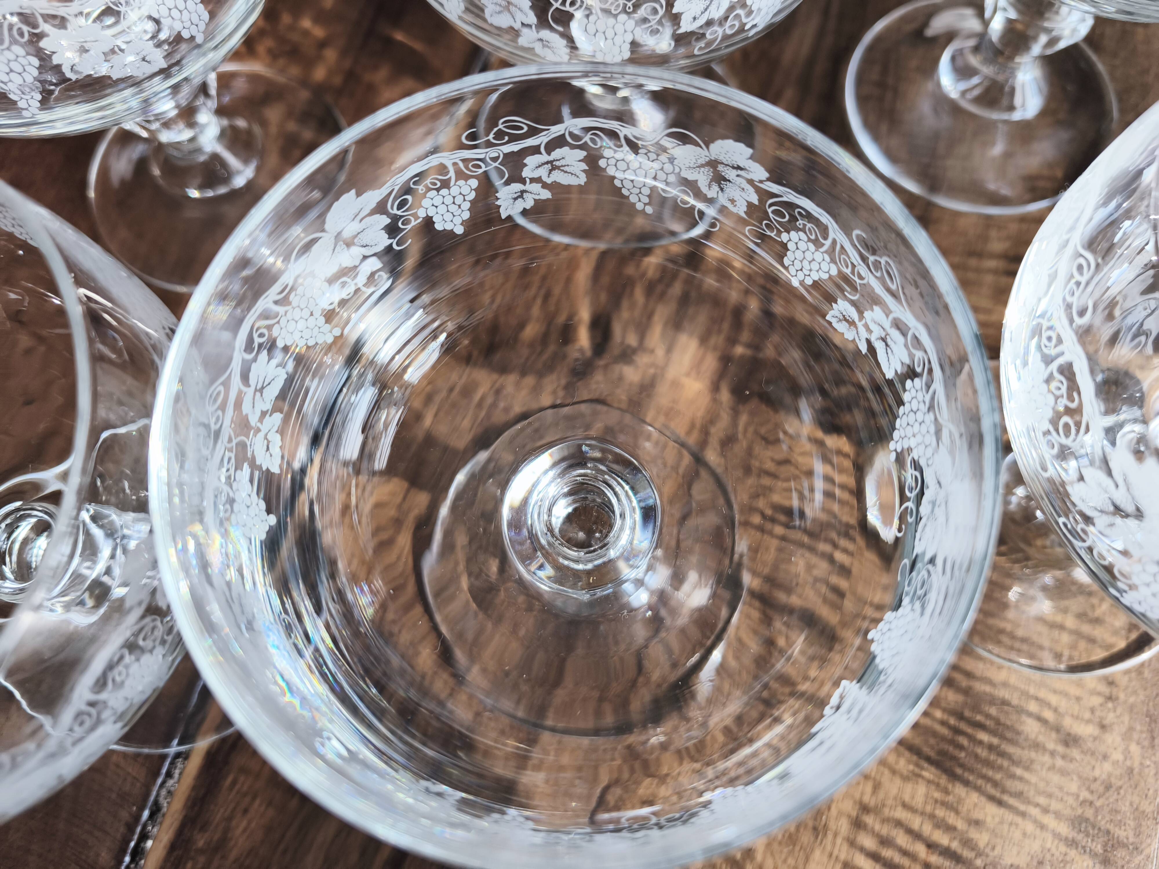 Set of 6 vintage glass champagne glasses with grape cluster filigree