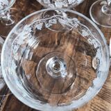 Set of 6 vintage glass champagne glasses with grape cluster filigree