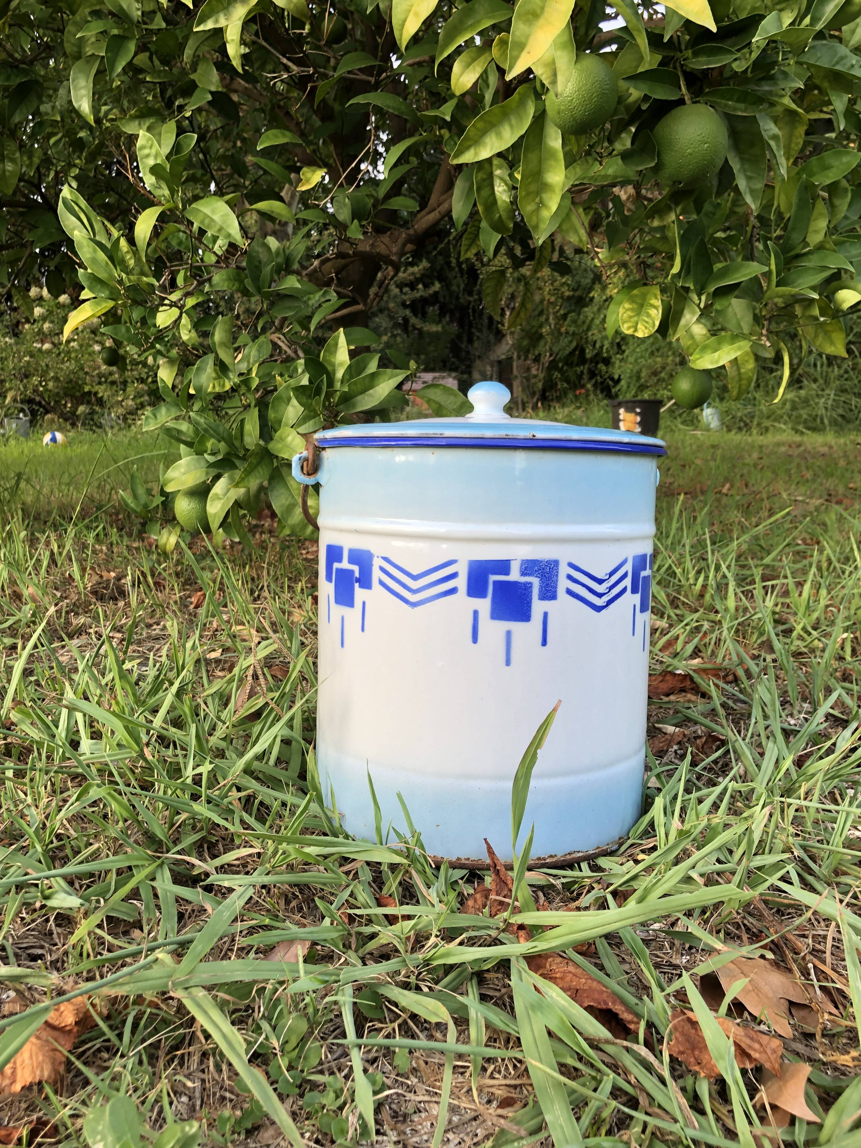 Enamelled jug, bowl and bucket