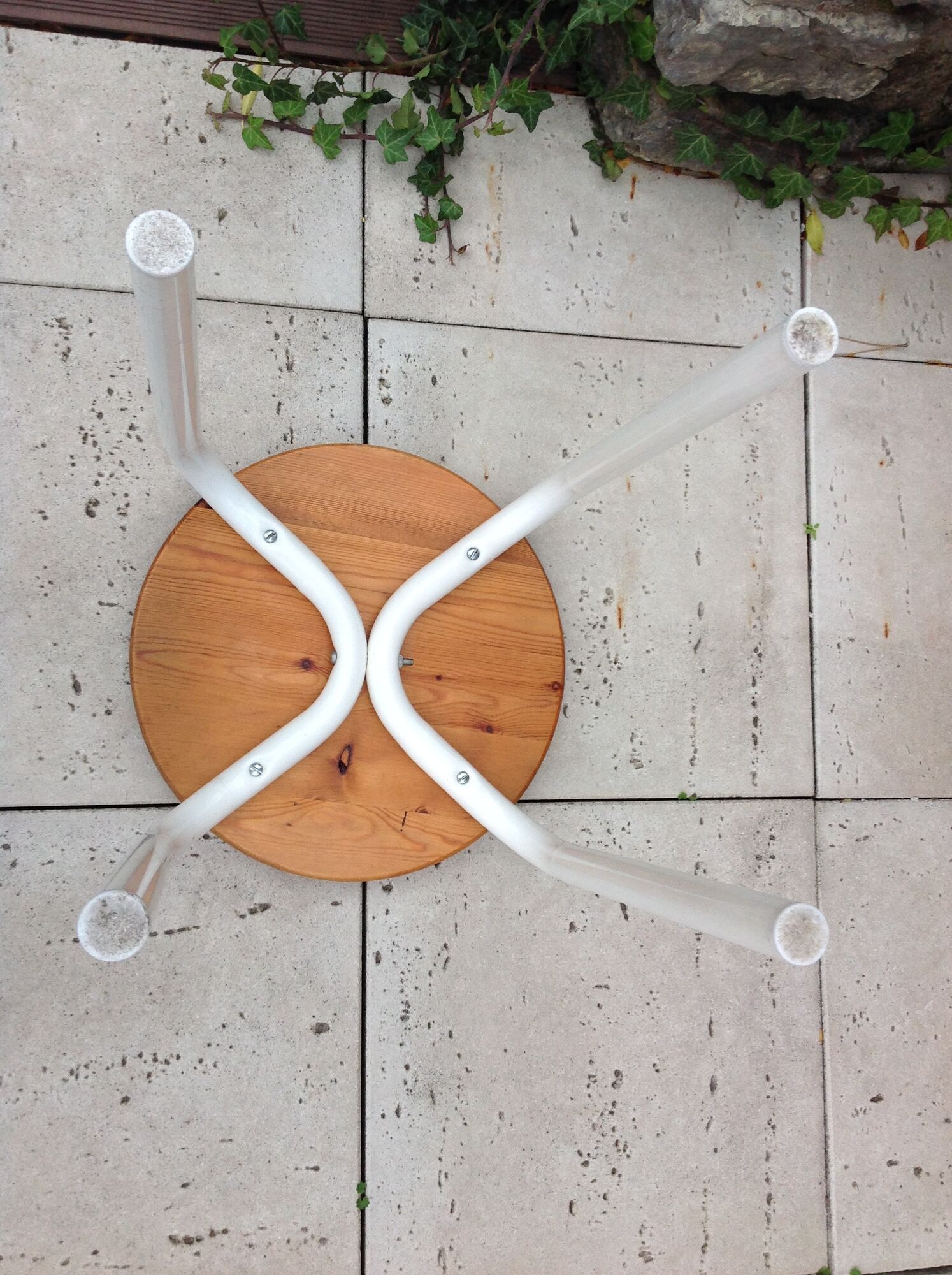 Old wooden stool and white lacquered feet industrial style, 60-70