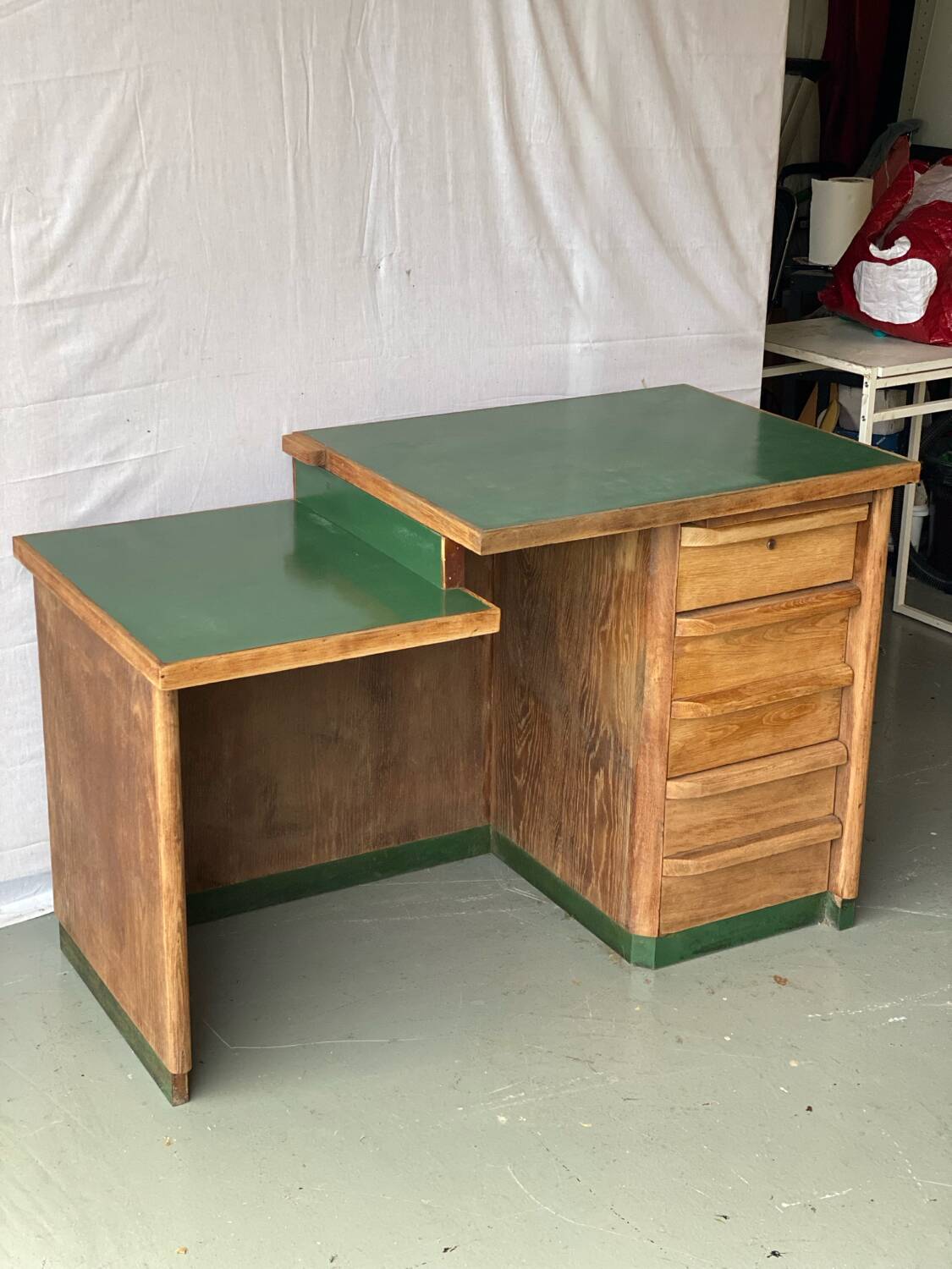 Vintage green Formica desk renovated in raw wood