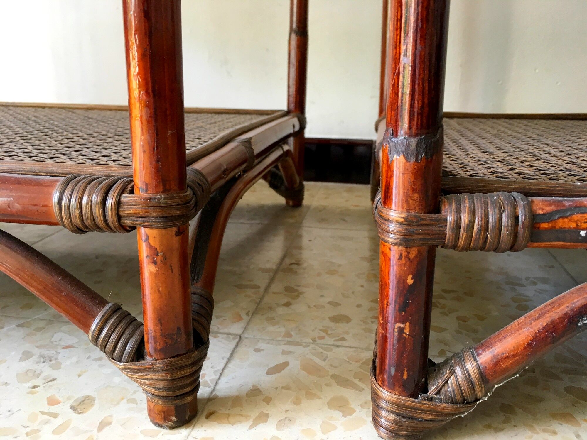 2 vintage rattan bedside tables 70's