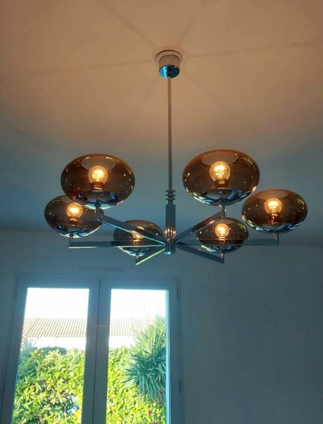 6-light chandelier  Sciolari, chrome and smoked glass