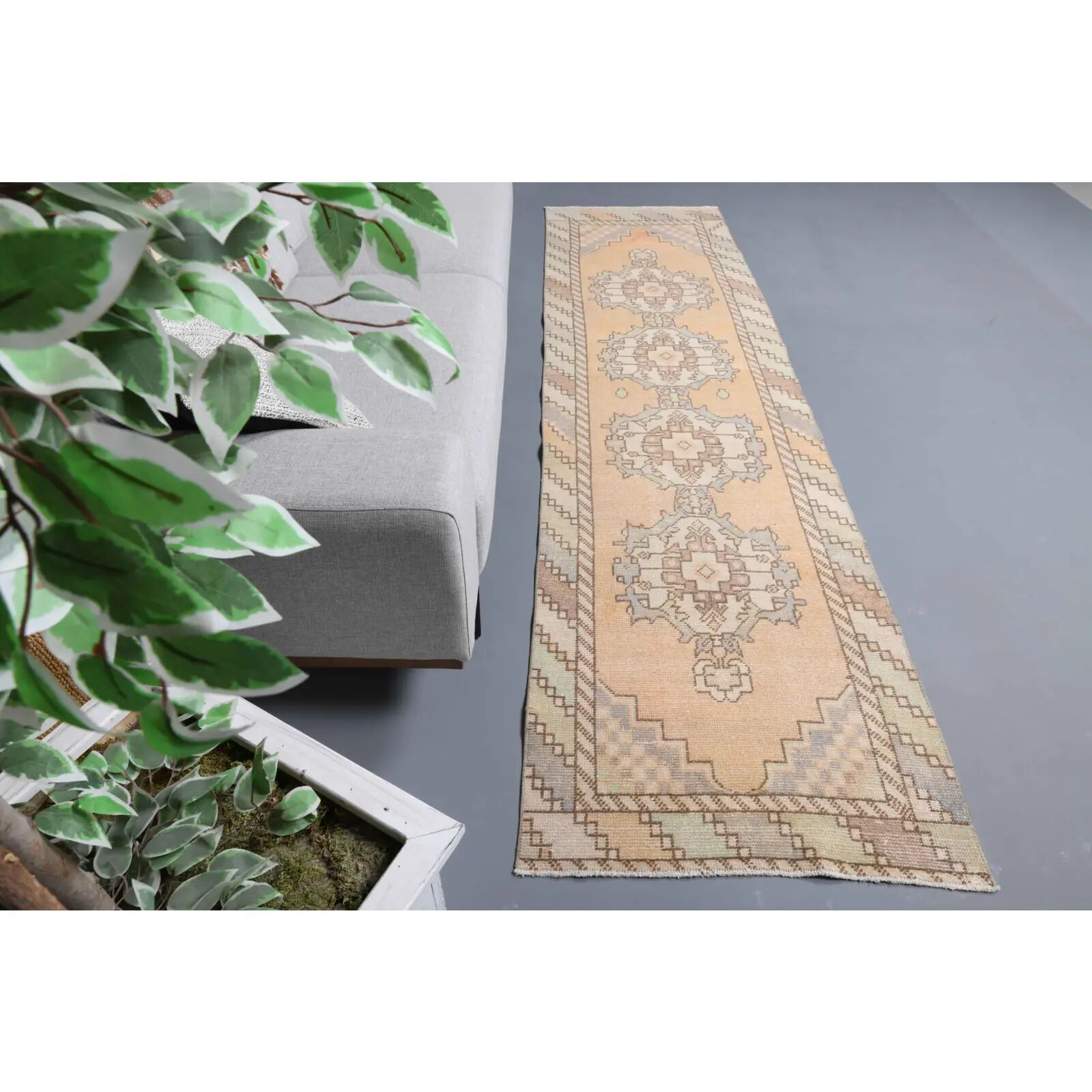 Tapis de couloir vintage turc Oushak fait main en laine et coton orange