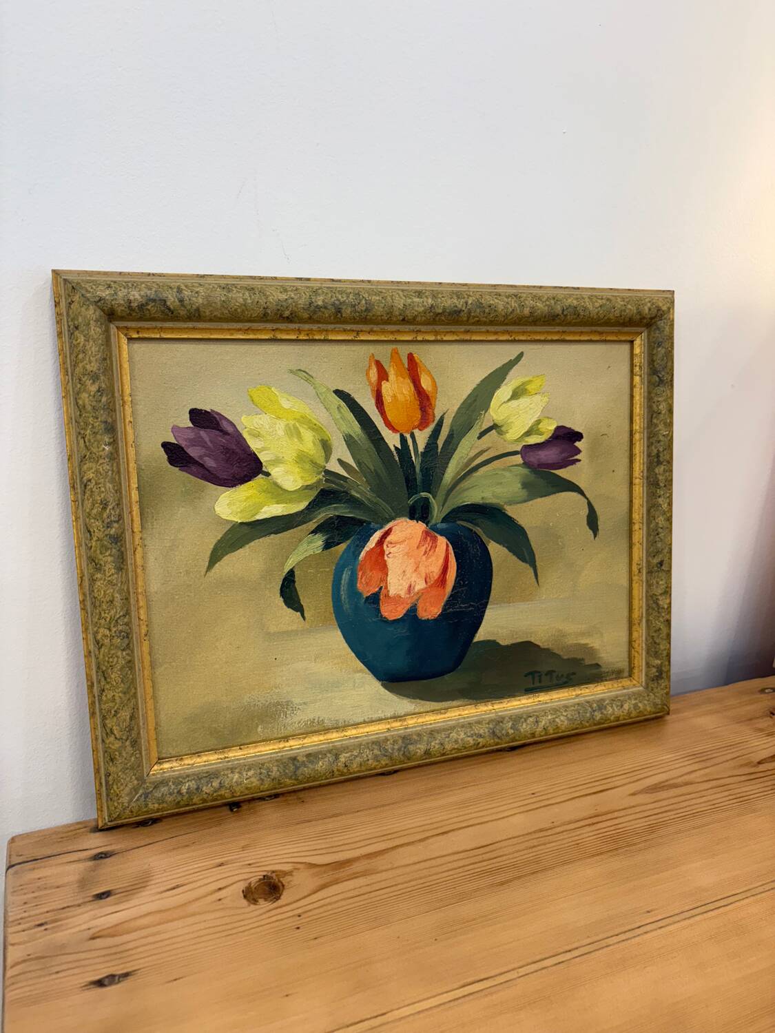 Oil painting of tulips signed Titus.