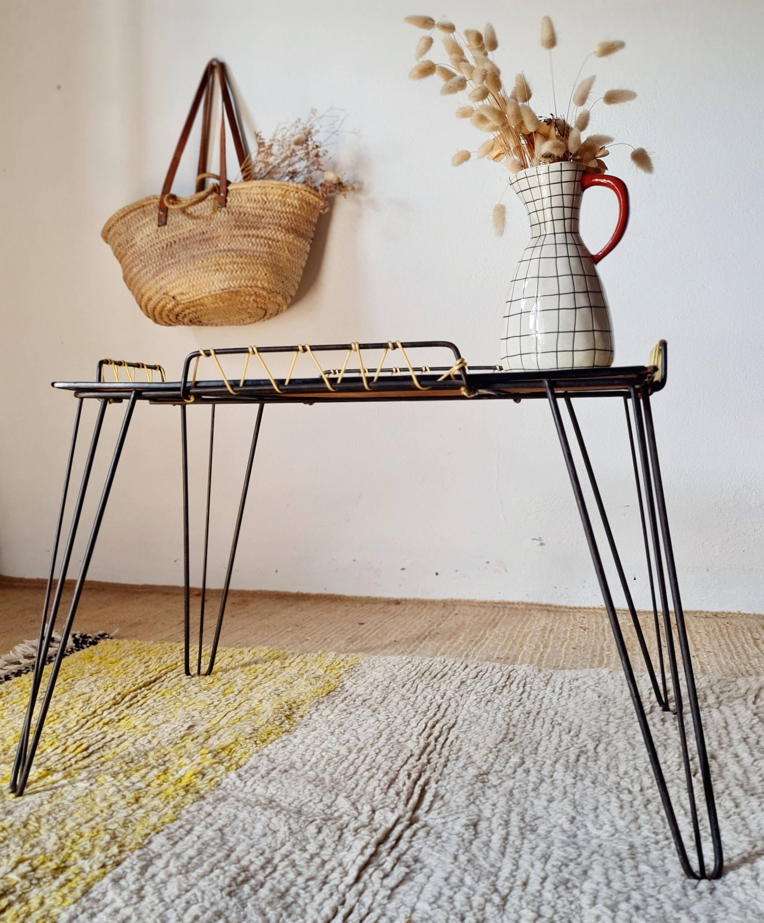 Black metal side table with scoubidou, 1950s