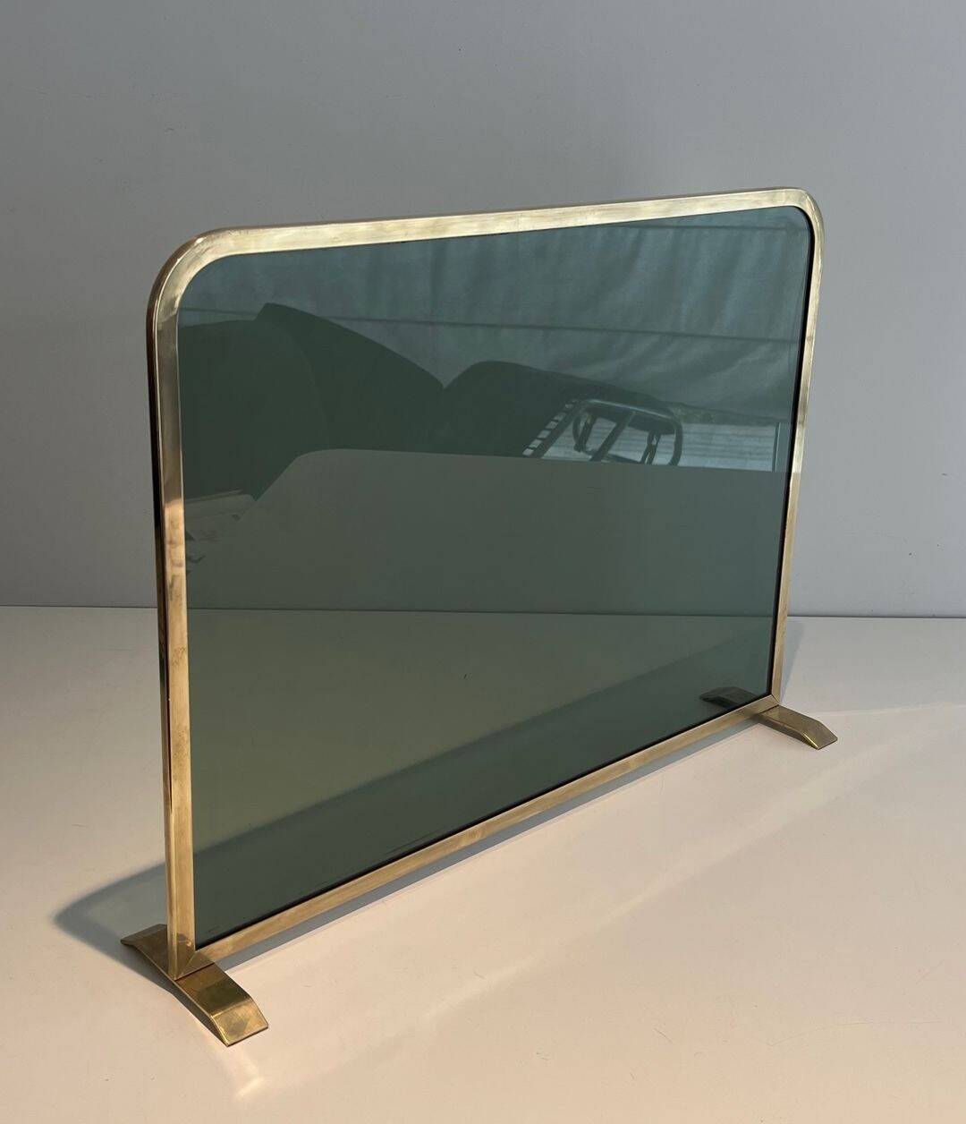 Single Panel Fire Screen in Tinted Green Glass with Brass Frame