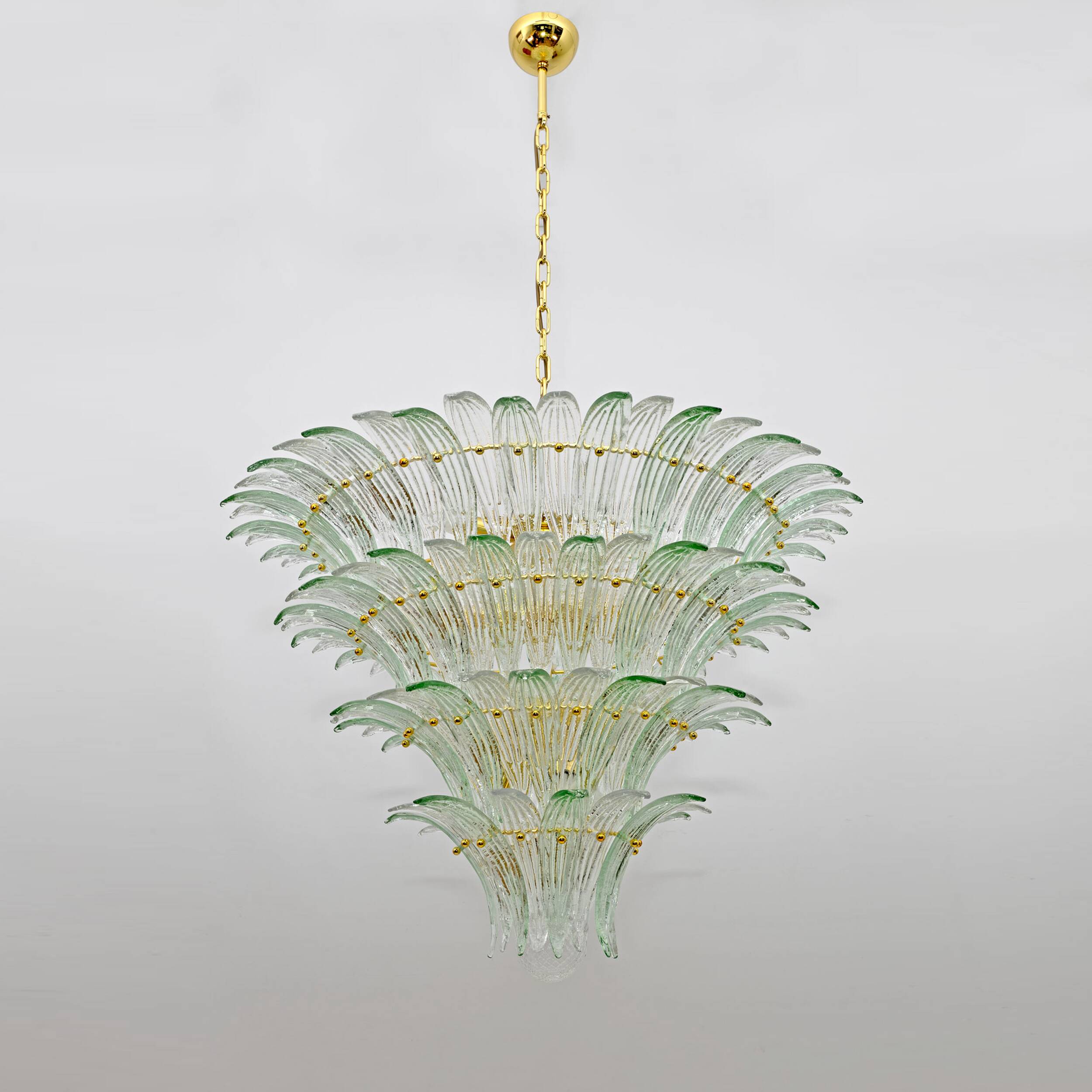 Mid-century Modern Italian Murano Glass and Brass Palmette Chandelier