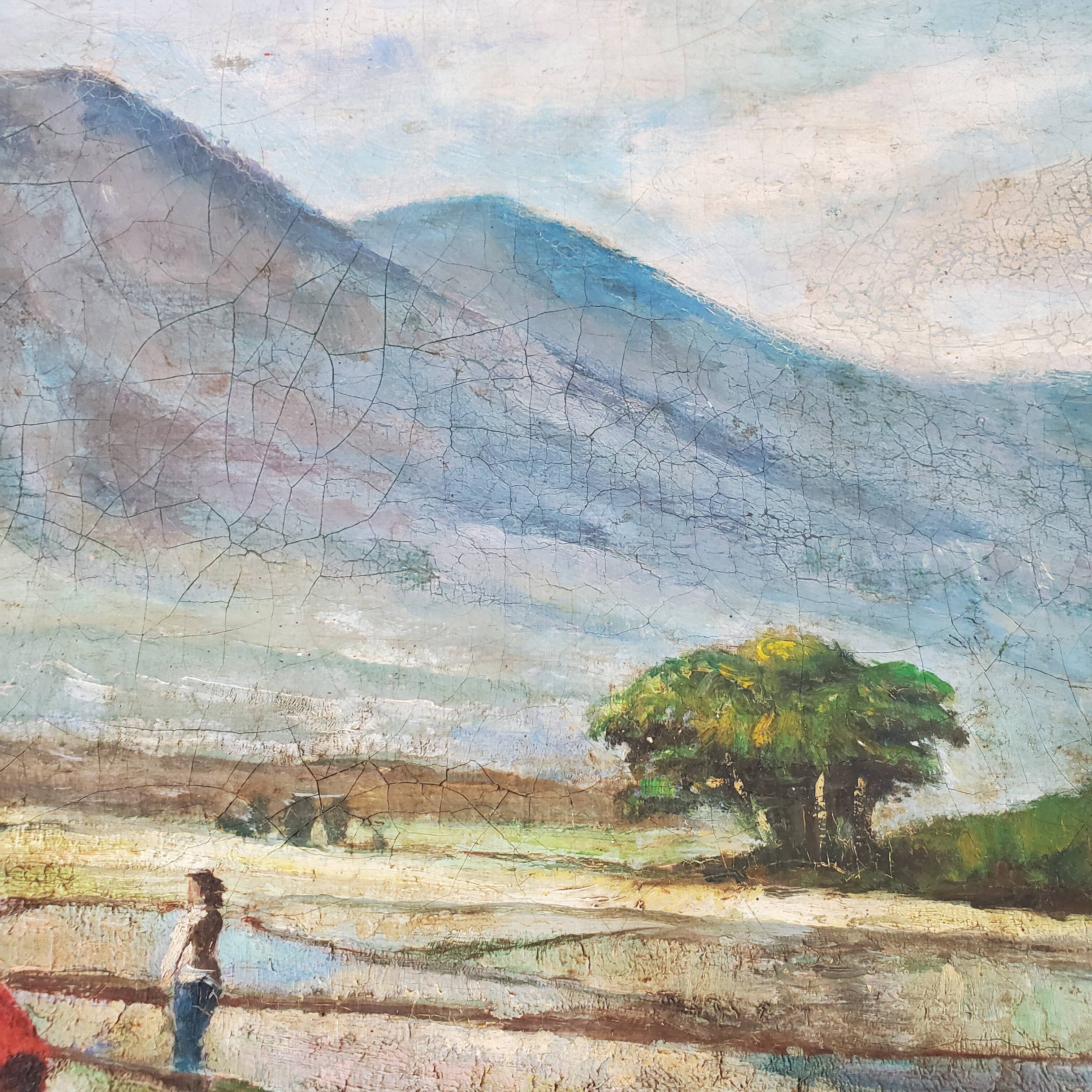 Tableau ancien peinture paysage de rizières et montage