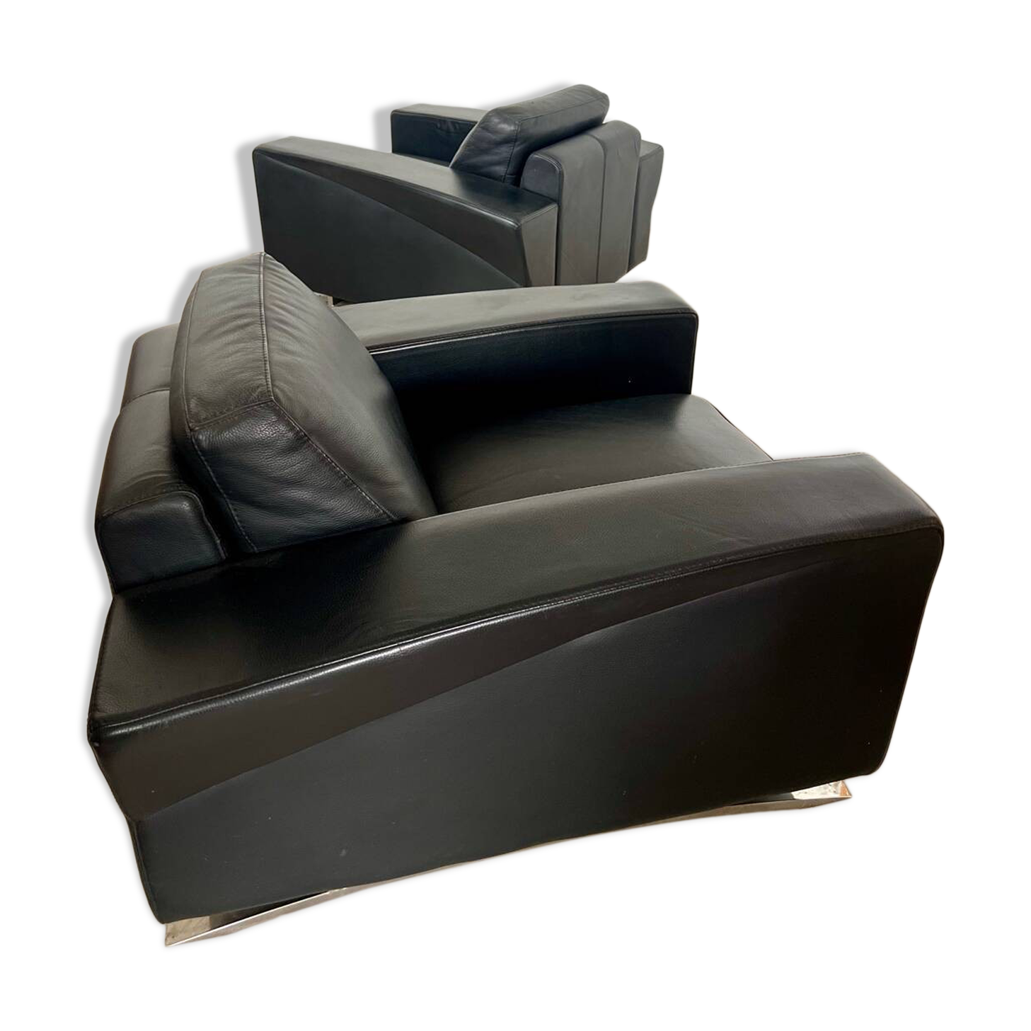 Lot 2 roche bobois designer leather armchairs 80s vintage custom aviator shape