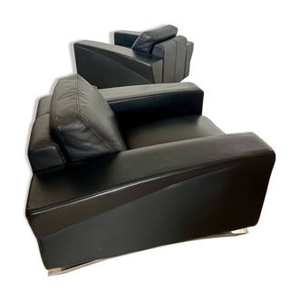 Lot 2 roche bobois designer leather armchairs 80s vintage custom aviator shape