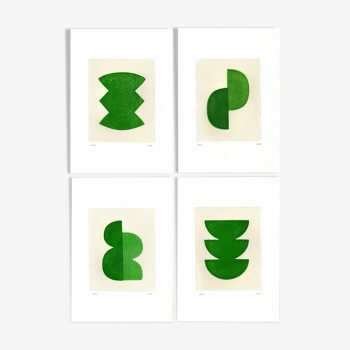 Ensemble de 4 peintures sur papier - illustrations abstraites vertes - signées Eawy