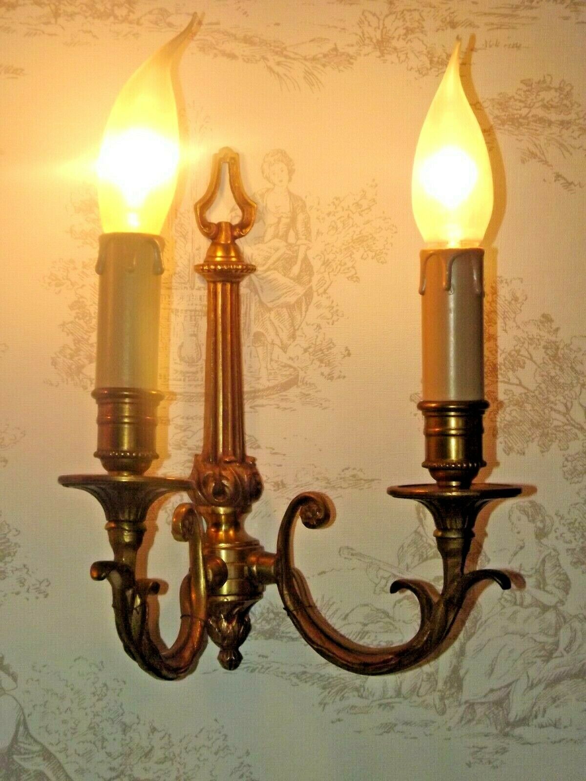 Pair french vintage cast bronze traditional empire style double wall lights