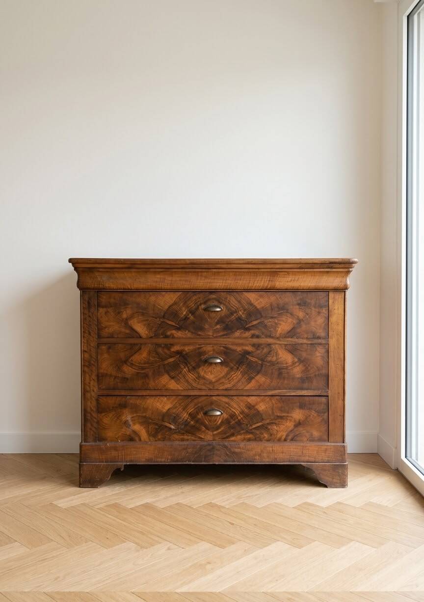 Antique walnut chest of drawers with three drawers.