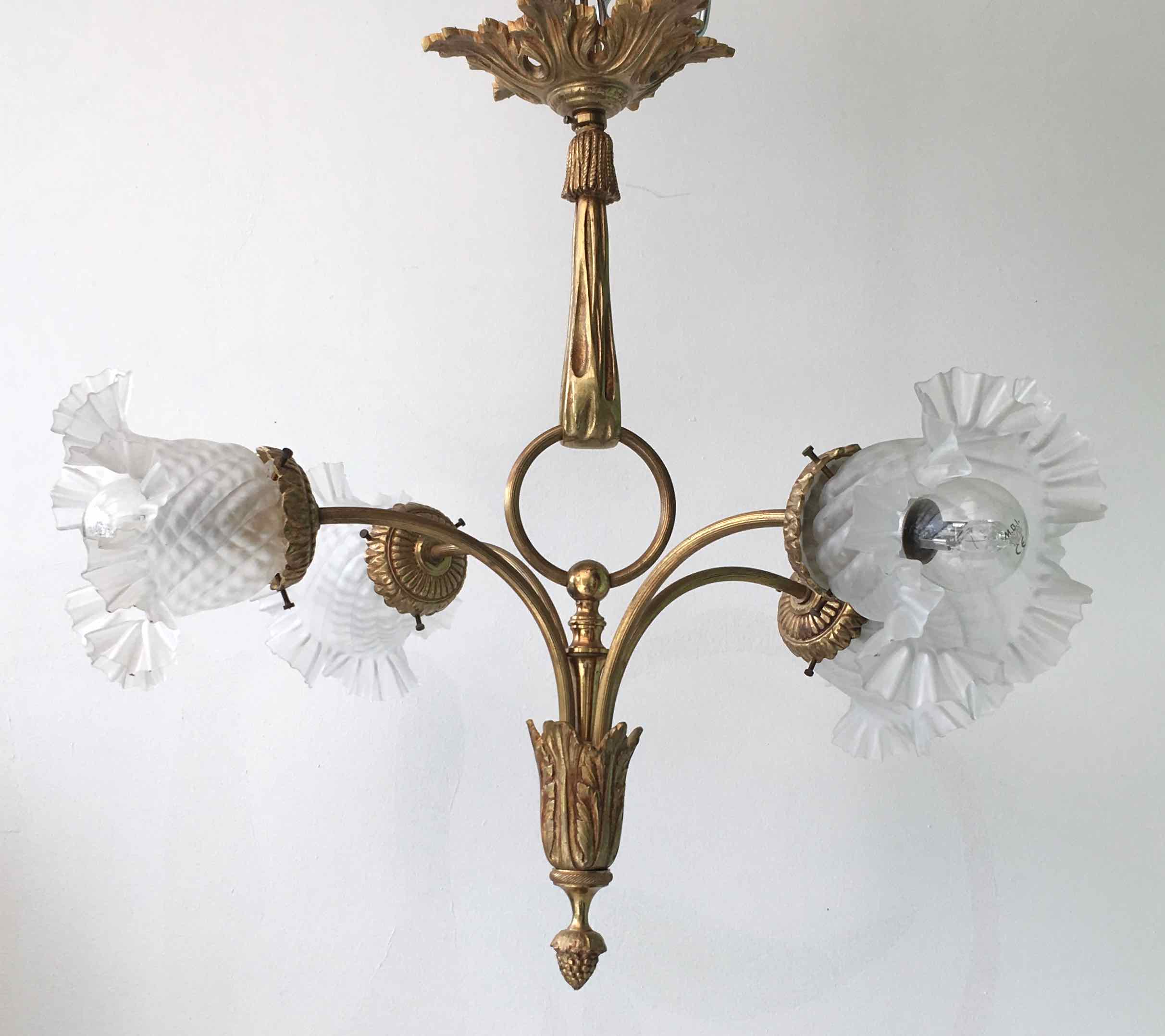 Art nouveau chandelier bronze and pressed glass