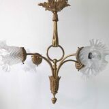 Art nouveau chandelier bronze and pressed glass