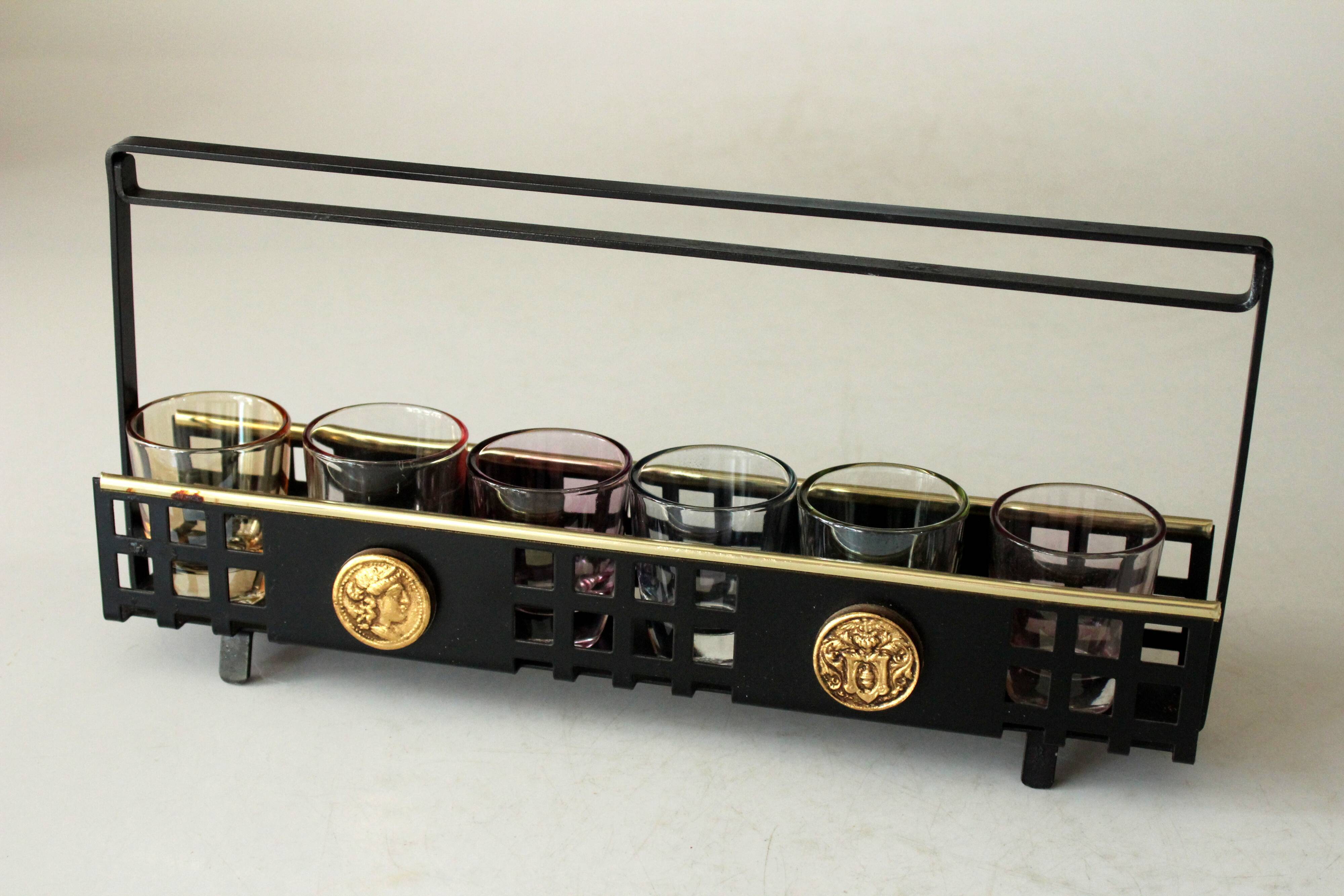6 spirit glasses on a metal tray 1950